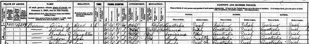 selection from census sheet showing Alice Barron and her children